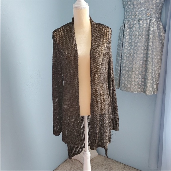 Eileen Fisher Brown Metallic Open Front Cardigan - Picture 2 of 8